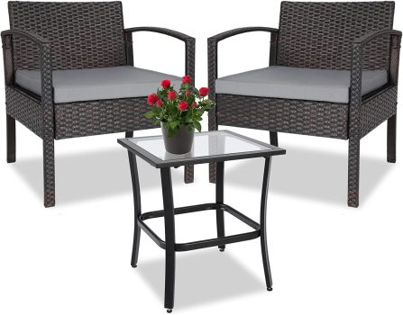 Whubefy Rattan Wicker Bistro Set Table & 2 Chair w/Cushion