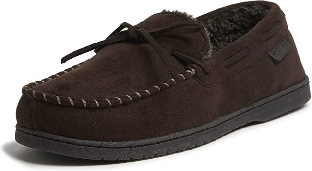 Dearfoams Men’s Microsuede Moccasin with Tie Slipper