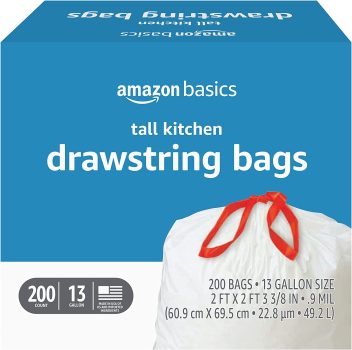 200-Ct Amazon Basics Tall Kitchen Drawstring Trash Bags 13 Gallon