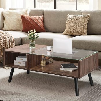 YITAHOME 2-Tier Wood Modern Glass Coffee Table w/Storage Shelf