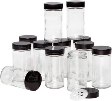 12-Pk Kamenstein Reusable Clear Glass Empty Jars w/Black Cap, 3-Oz