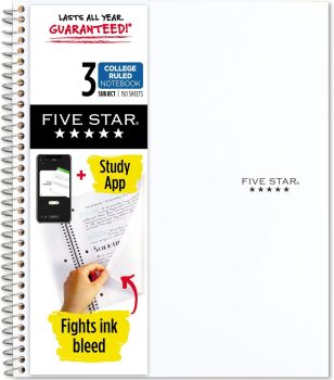 Five Star Spiral Notebook + Study App 3-Subject 150-Sheets