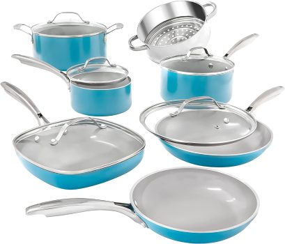Gotham Steel Aqua Blue Pots and Pans Set 12 Pcs Cookware Set