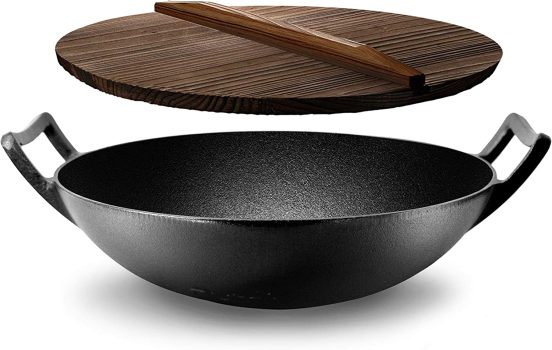 Nutrichef Pre-Seasoned Cast Pan-5.8 QT Non-Stick w/Wooden Lid