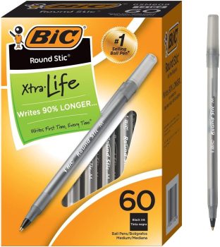 60-Ct BIC Round Stic Xtra Life Black Ballpoint Pens Medium Point