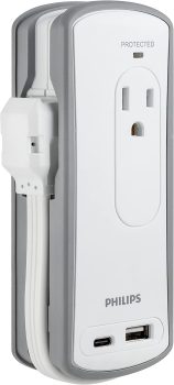 Philips 2 Outlet Travel Surge Protector, 2 USB 1A/1C