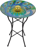 Teamson Home Handpainted Peacock Fusion Glass Solar Birdbath 18-in